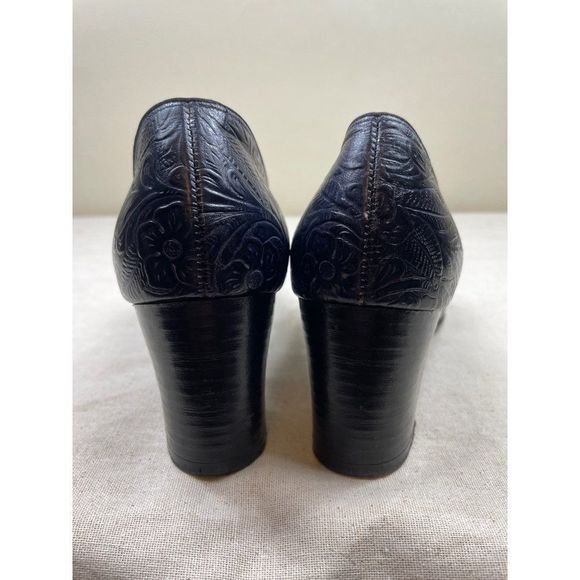 60s Vintage Black Tooled Leather Loafer with Silver Buckle and Chunky Heel Size - Picture 7 of 7